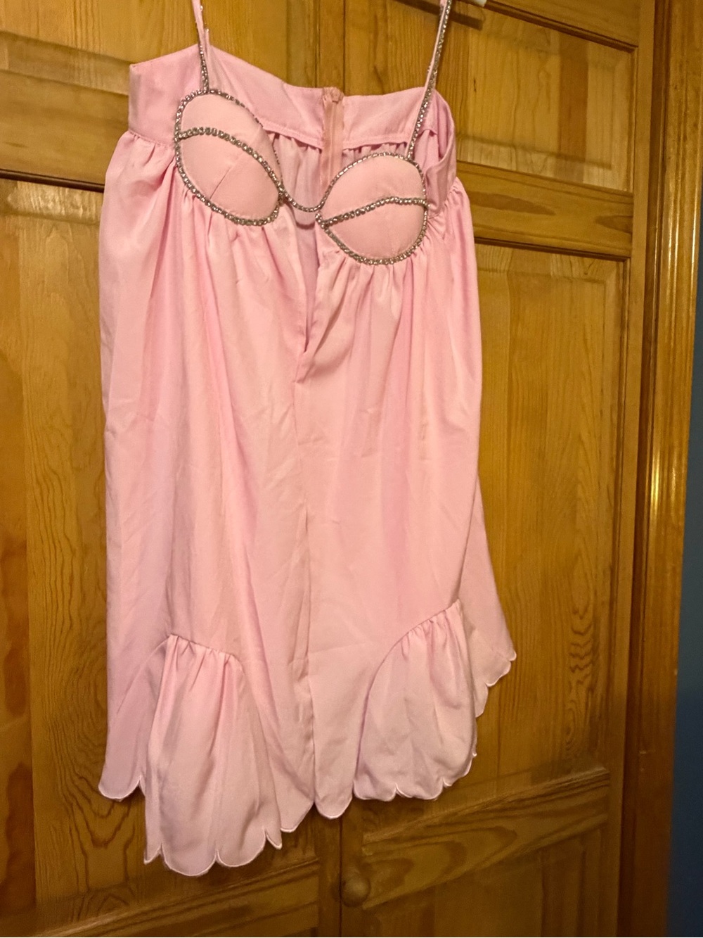 Source Unknown Pink Satin Chemise with Rhinestone Trim